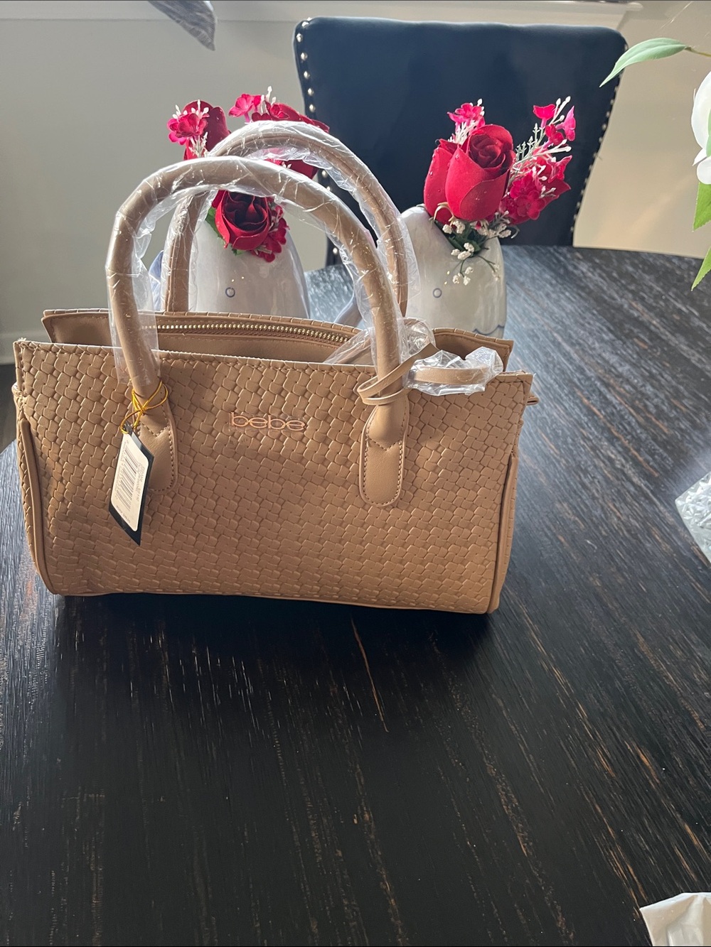 bebe Woven Satchel Handbag in Tan